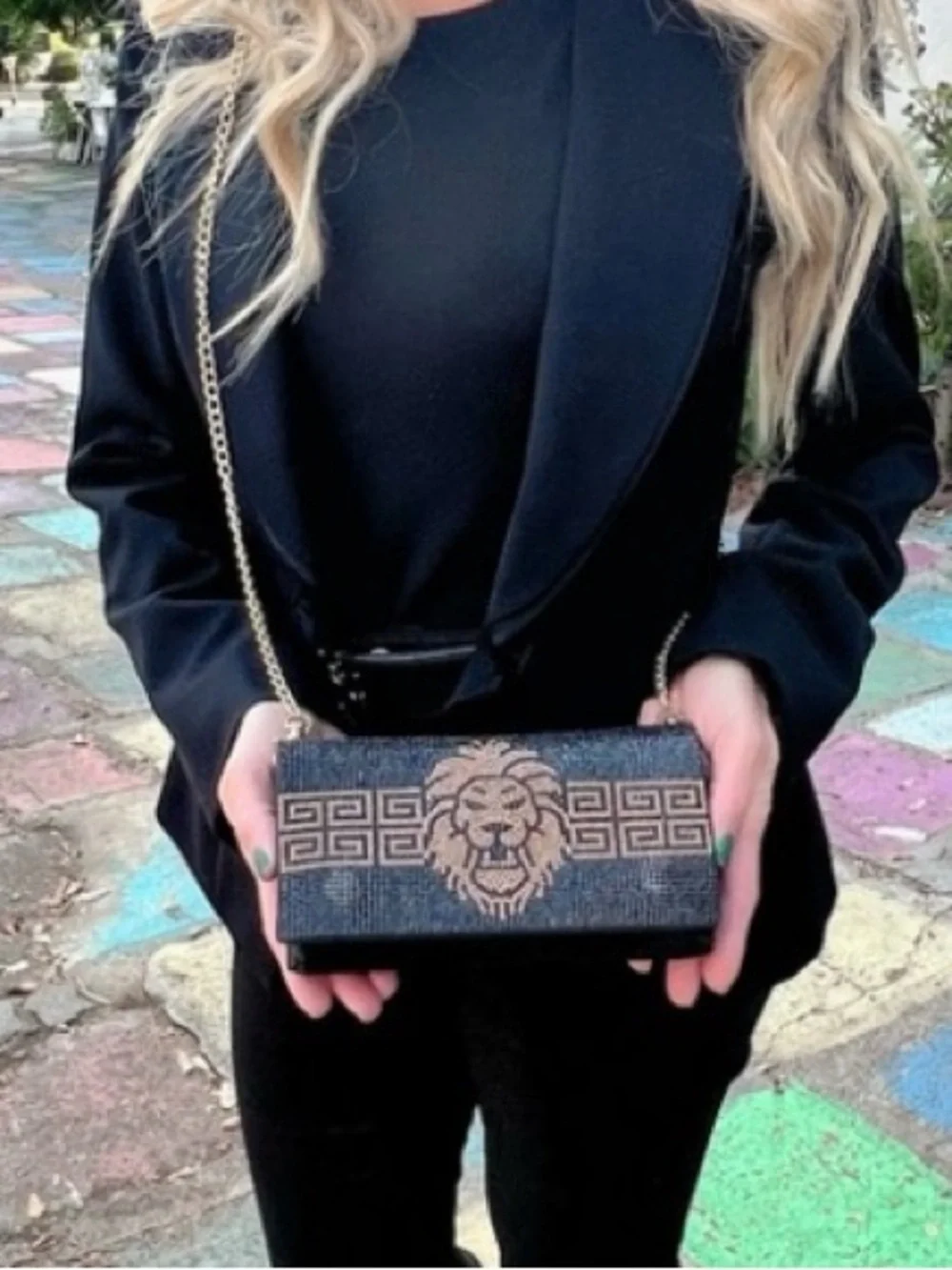 Black Gold Lion Crystal Stadium Bag Crossbody Shoulder Waist + Belt Clutch Leo